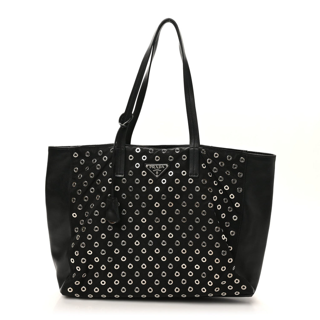 Prada Tessuto Nylon Calfskin Grommet Tote Black