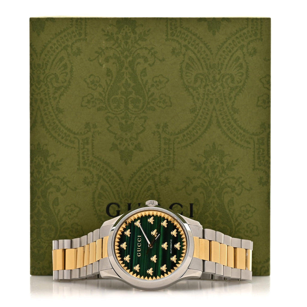 Gucci Stainless Steel Malachite 38mm G-Timeless Two Tone Bee Automatic Watch