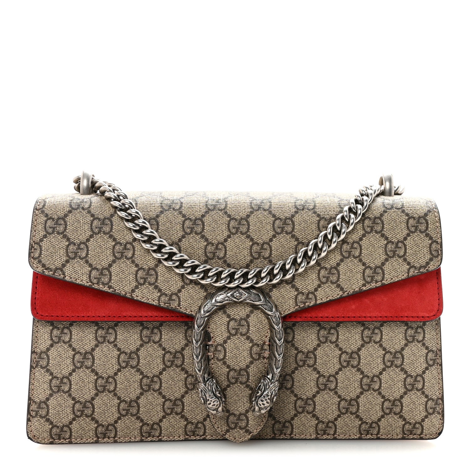 Gucci GG Supreme Monogram Suede Small Dionysus Shoulder Bag Beige Ebony Vulcanic Red