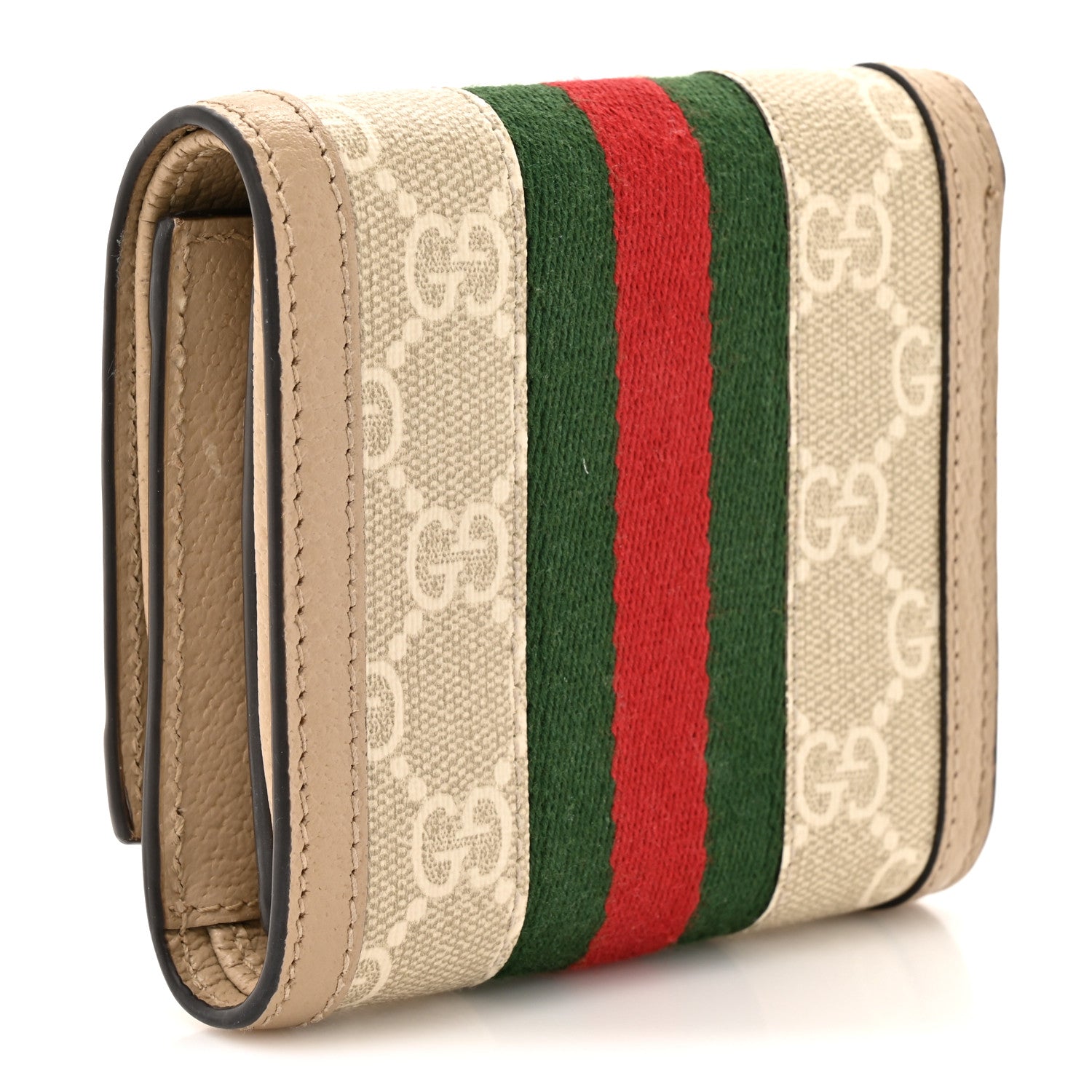 Gucci GG Supreme Monogram Textured Dollar Calfskin Web Ophidia Card Case Wallet Beige Mystic White Oatmeal