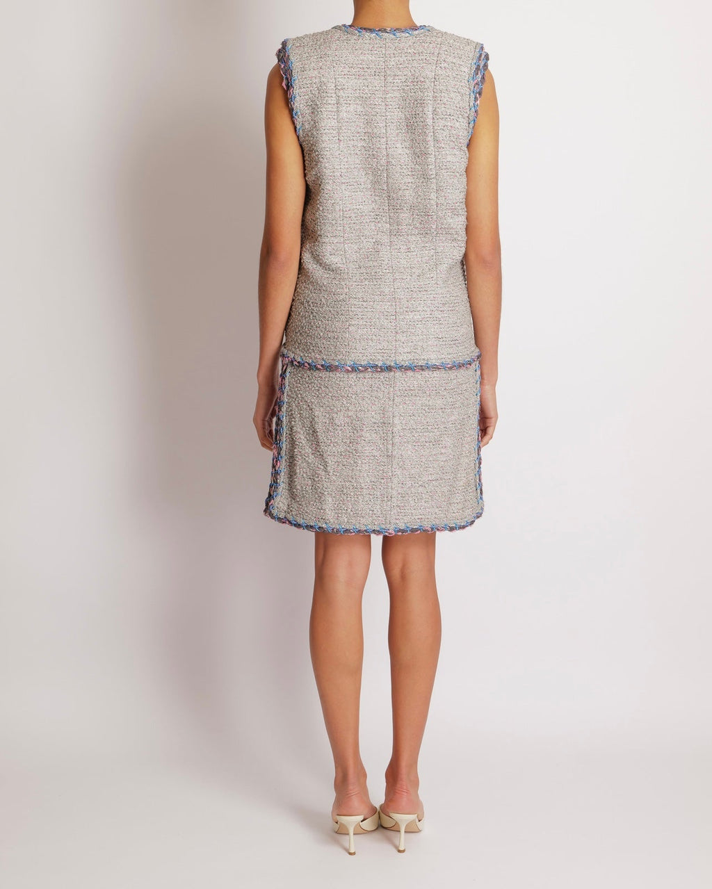 Chanel Spring 2014 Silver Metallic Sleeveless Tweed Mini Dress with Blue and Pink Details with Silver Beaded CC Logo Buttons Size FR 34 (UK 6)