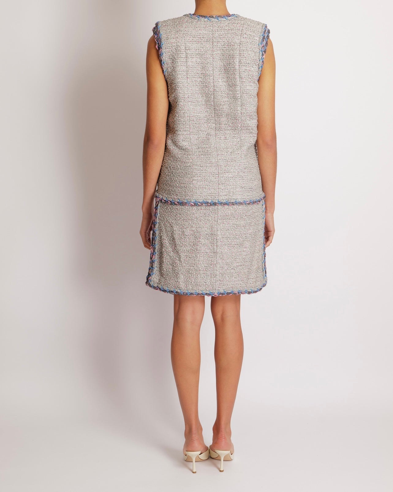 Chanel Spring 2014 Silver Metallic Sleeveless Tweed Mini Dress with Blue and Pink Details with Silver Beaded CC Logo Buttons Size FR 34 (UK 6)