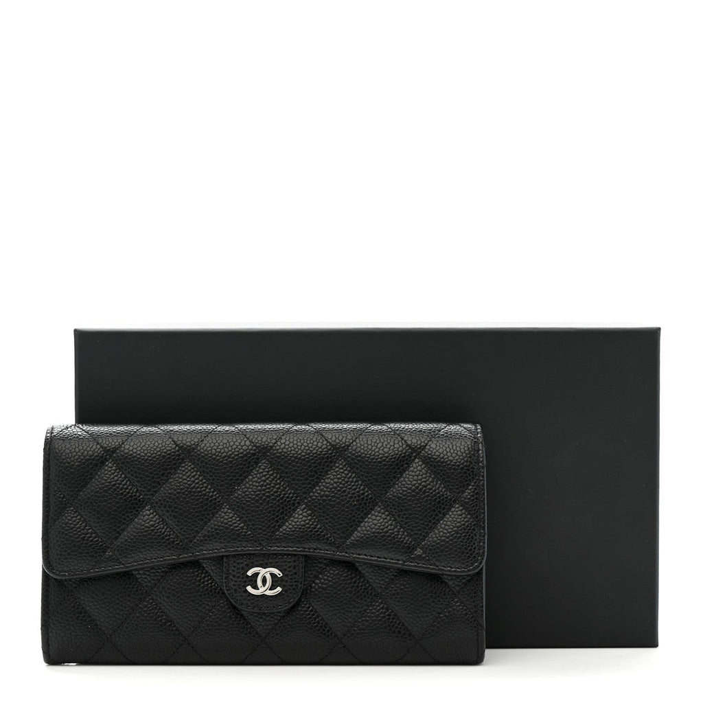 Caviar Quilted Large Gusset Flap Wallet Black