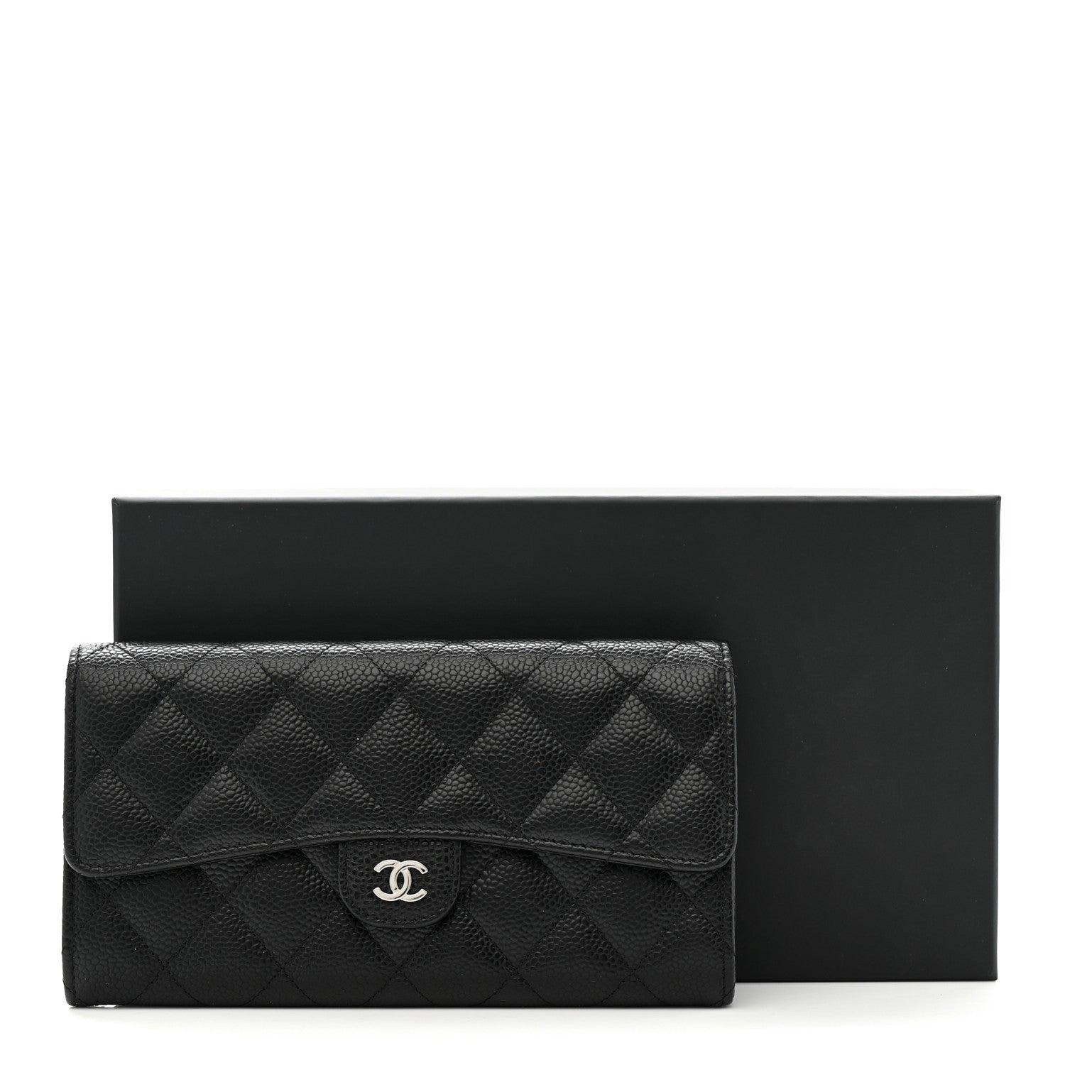 Caviar Quilted Large Gusset Flap Wallet Black
