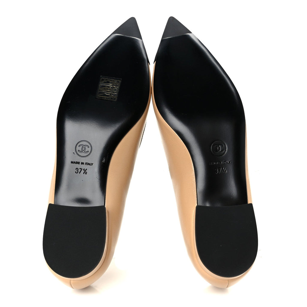 Chanel Shiny Lambskin Grosgrain Pointed Toe CC Ballet Flats 37.5 Beige Black
