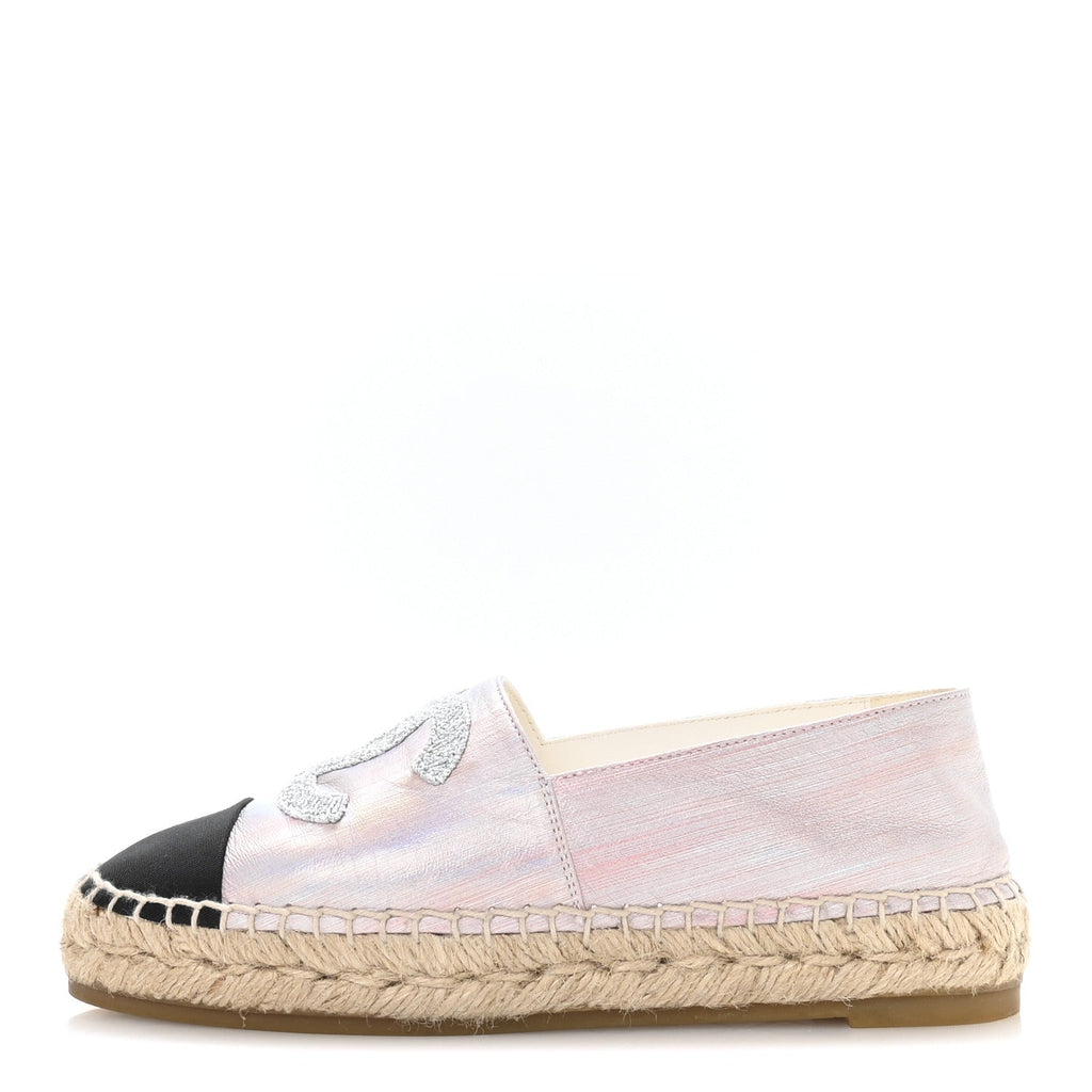 Laminated Lambskin Grosgrain Embroidered CC Espadrilles 36 Pink Silver Black