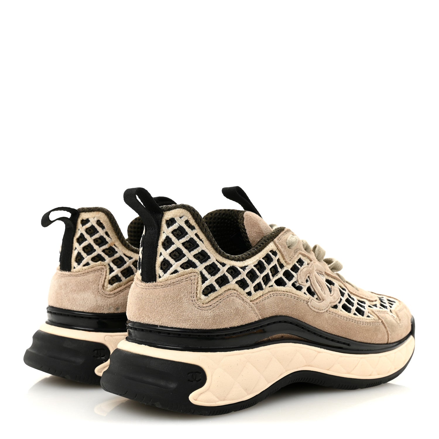 Chanel Suede Calfskin Embroidered CC Sneakers 39 Beige Black