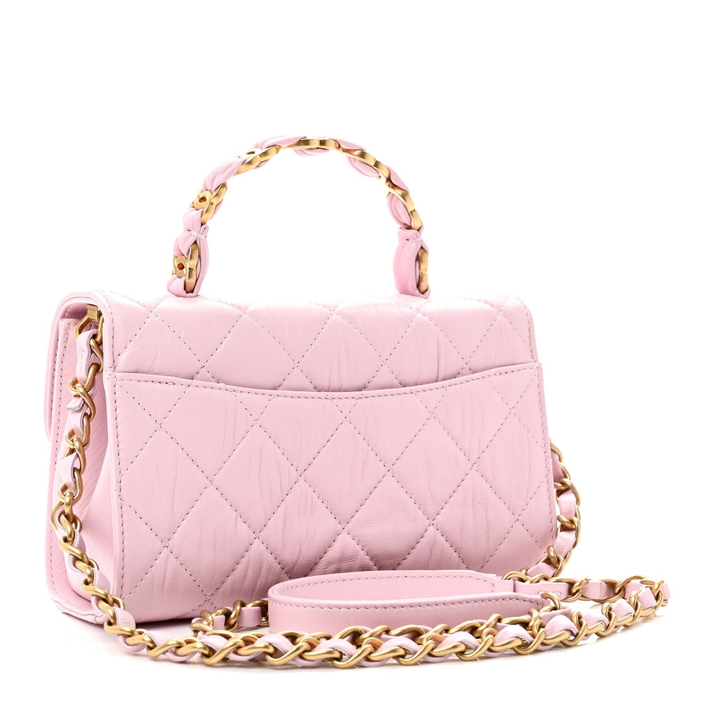 Chanel Crumpled Lambskin Quilted Mini CC Links Top Handle Flap Light Pink