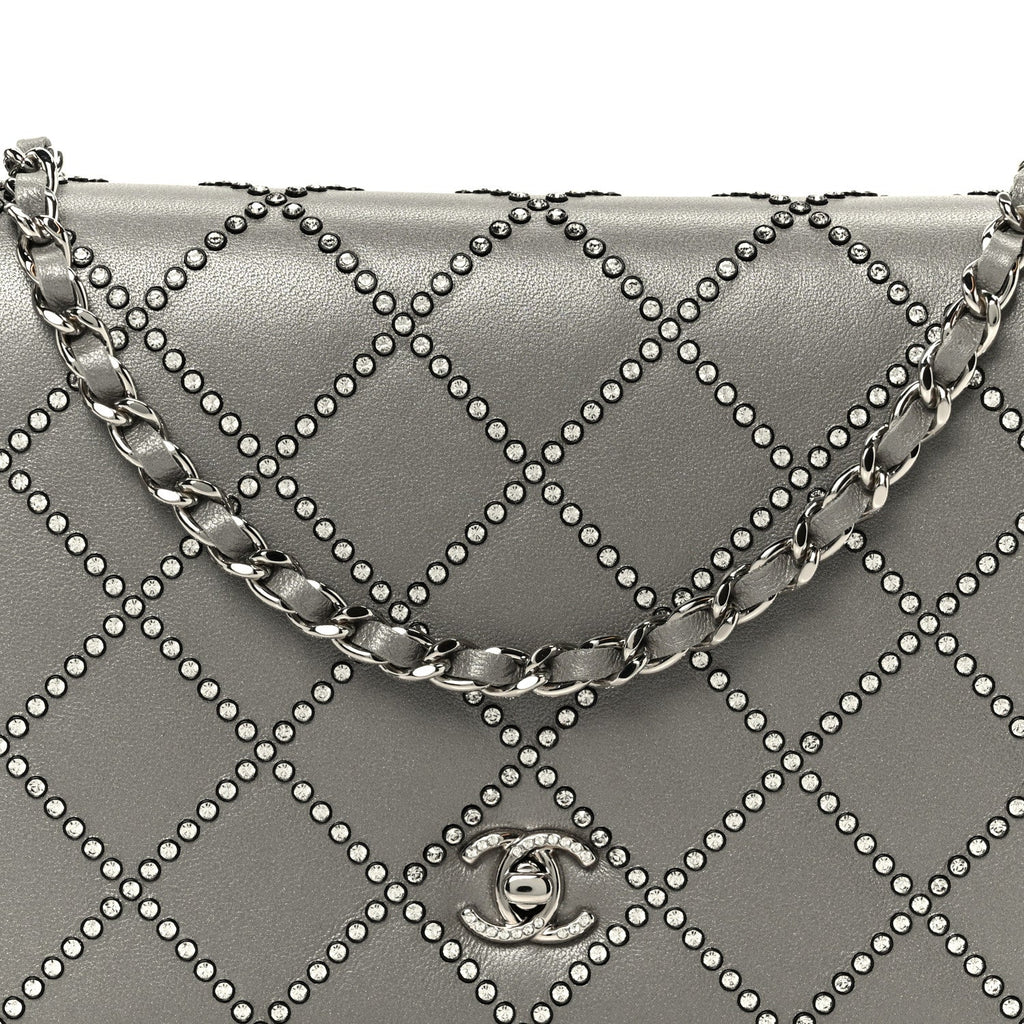 Chanel Lambskin Crystal Quilted Wallet On Chain WOC Grey