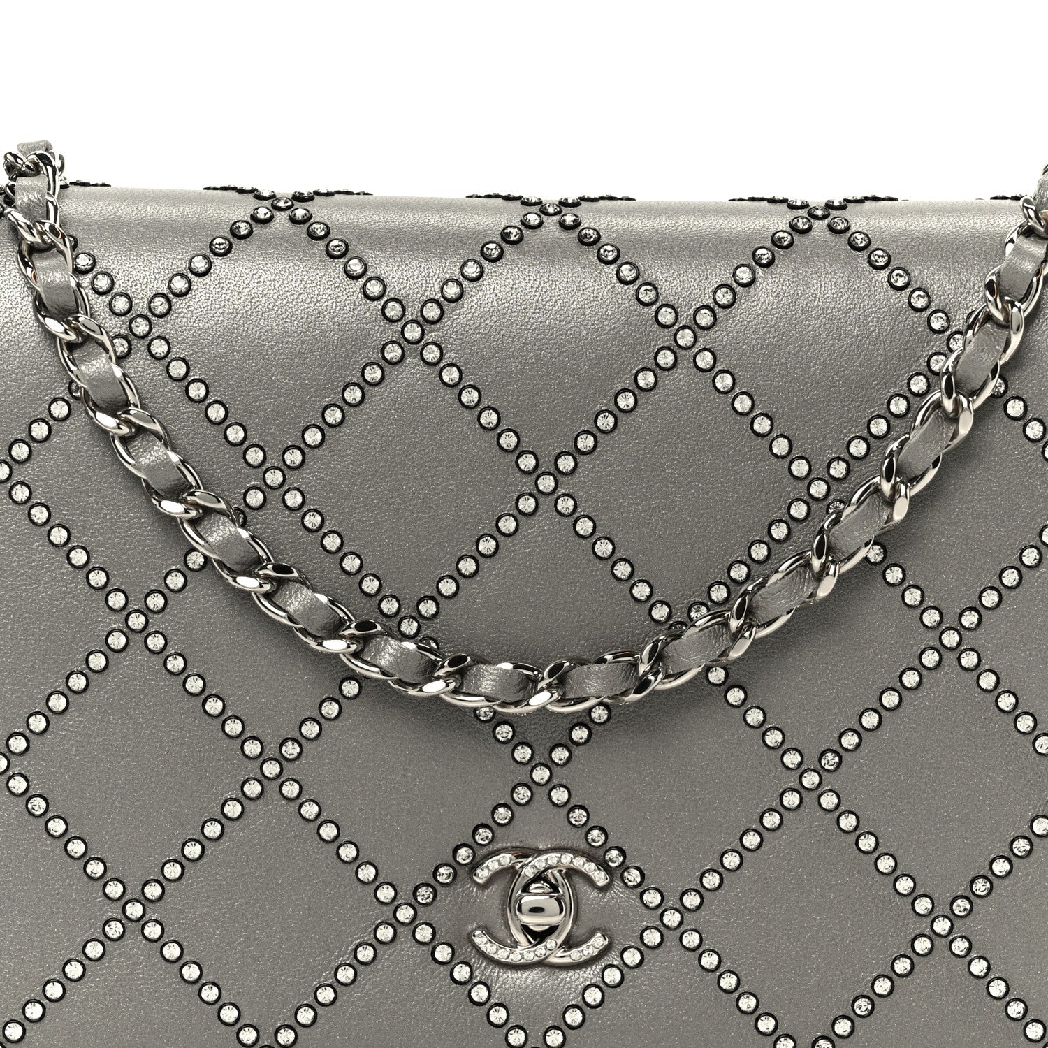 Chanel Lambskin Crystal Quilted Wallet On Chain WOC Grey