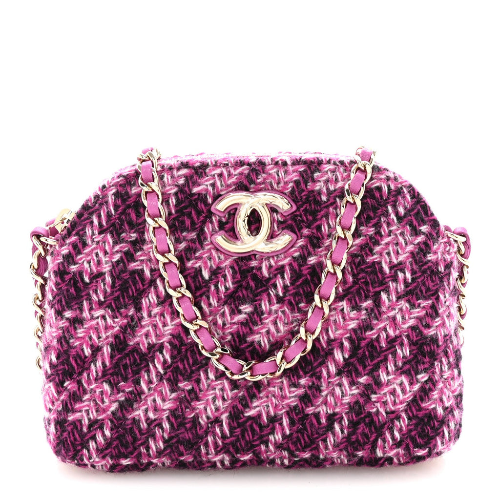 Chanel Tweed Quilted Mini Clutch With Chain Purple