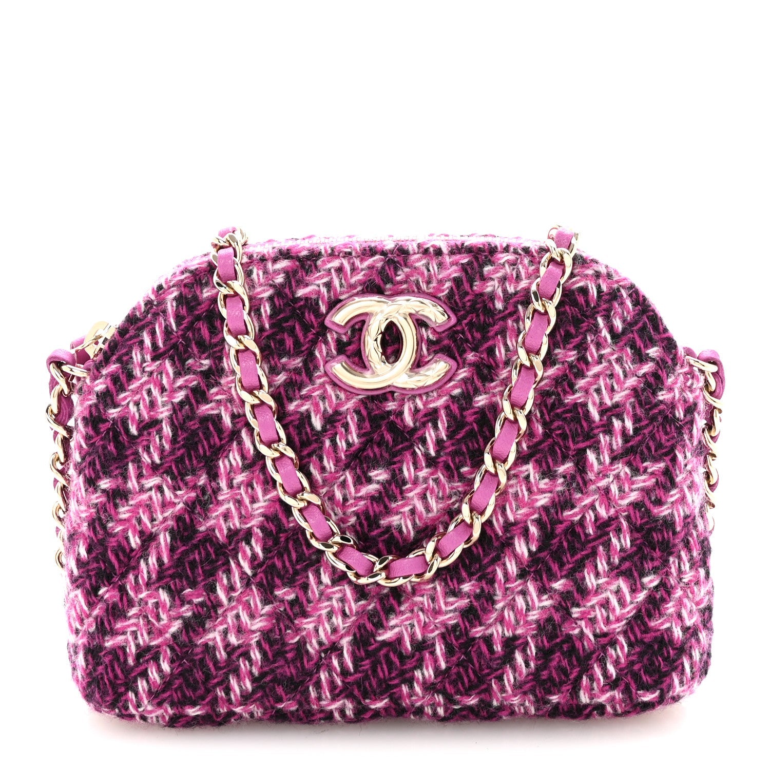 Chanel Tweed Quilted Mini Clutch With Chain Purple