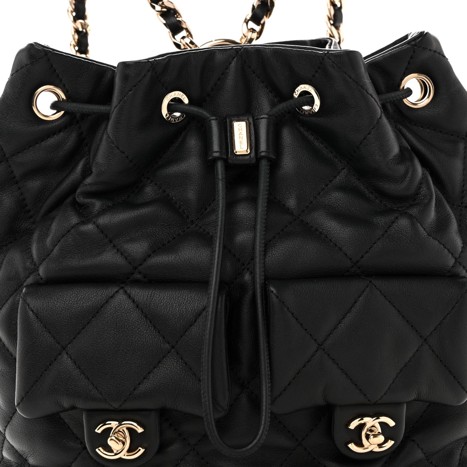 Chanel Lambskin Quilted Double Pocket Drawstring Backpack Black