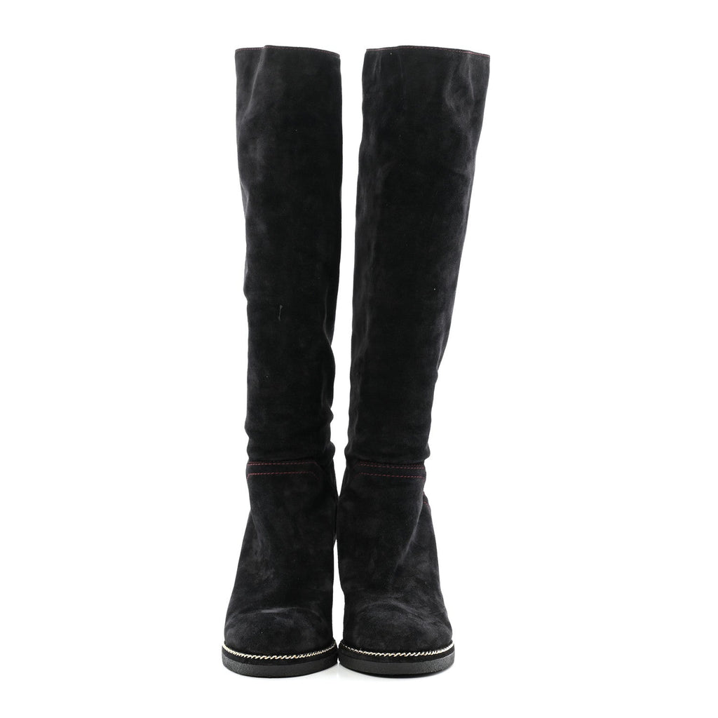 Chanel Suede Calfskin Chain Around High Boots 41 Black