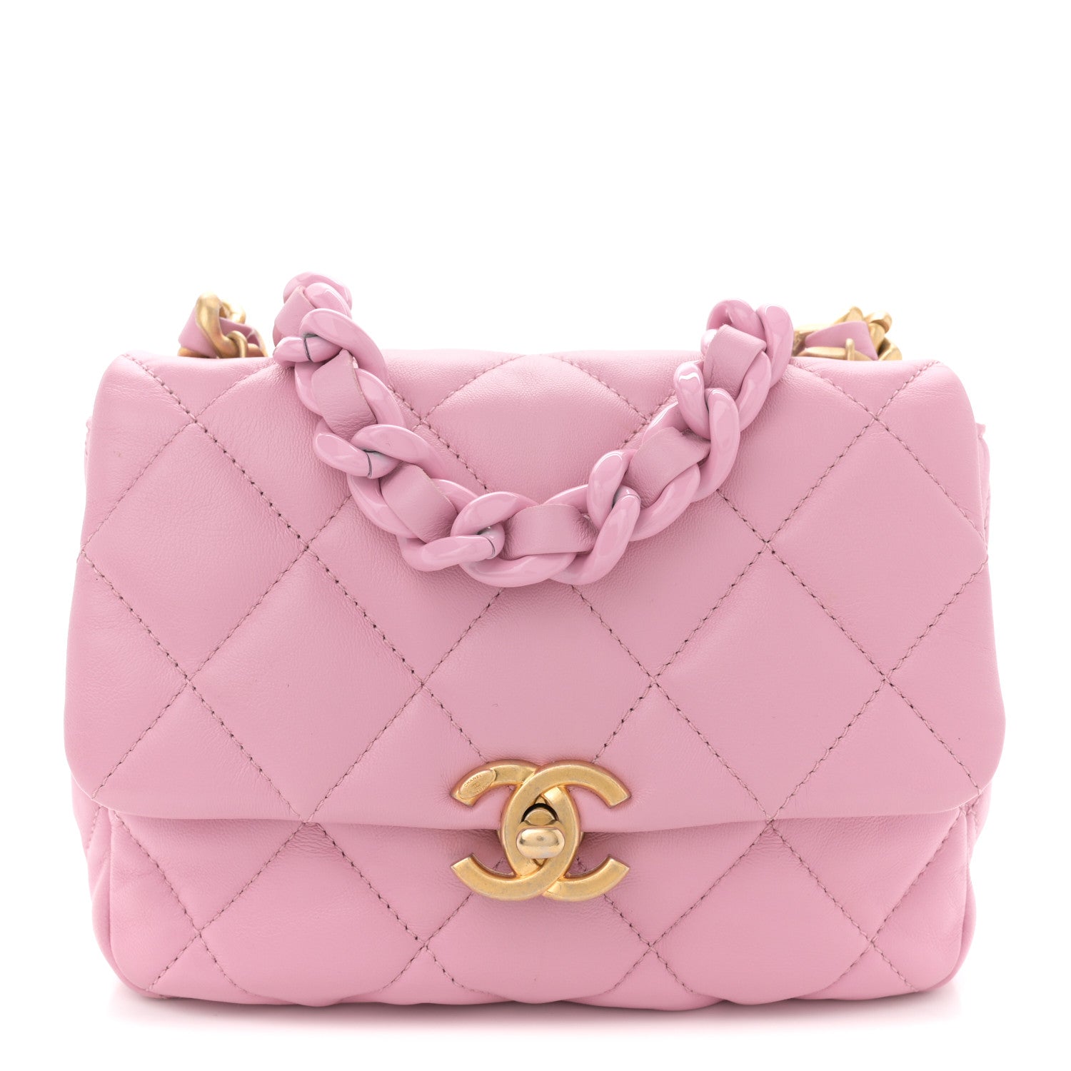 Chanel Lambskin Quilted Mini Lacquered Chain Flap Pink