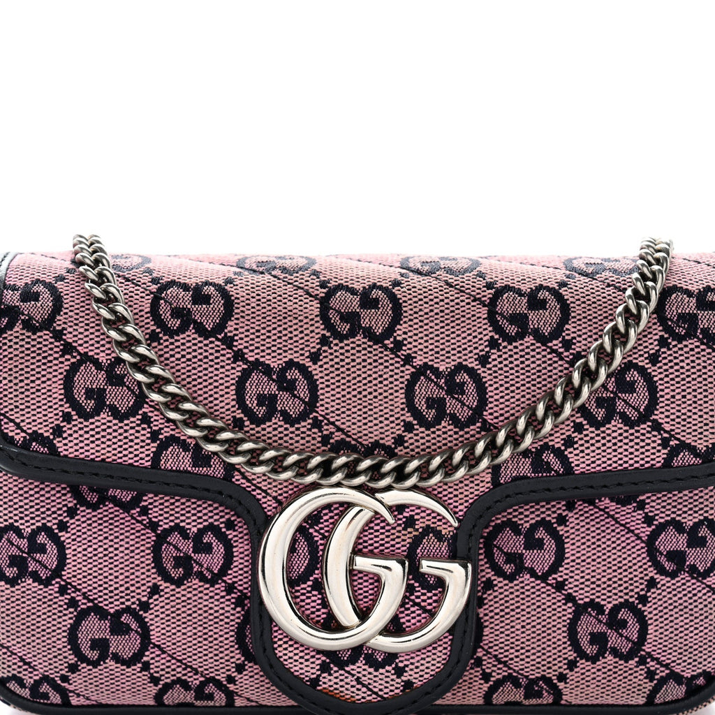 Gucci Monogram Multicolor Matelasse Diagonal Super Mini GG Marmont Shoulder Bag Pink Blue