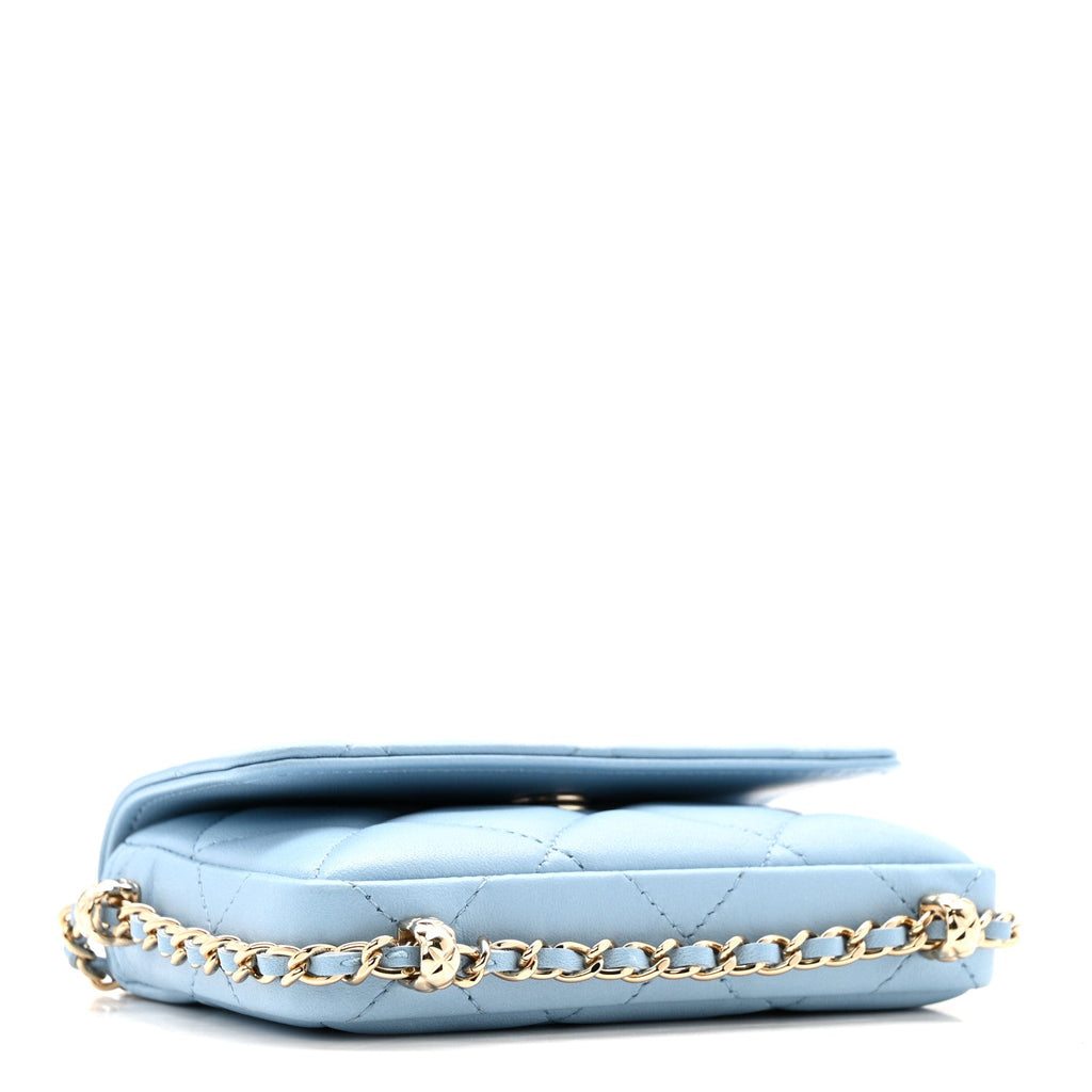 Chanel Lambskin Quilted Chain Around Coin Purse With Chain Light Blue