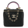 Chanel Lambskin Quilted Top Handle Mini Vanity Case With Chain Black Pink