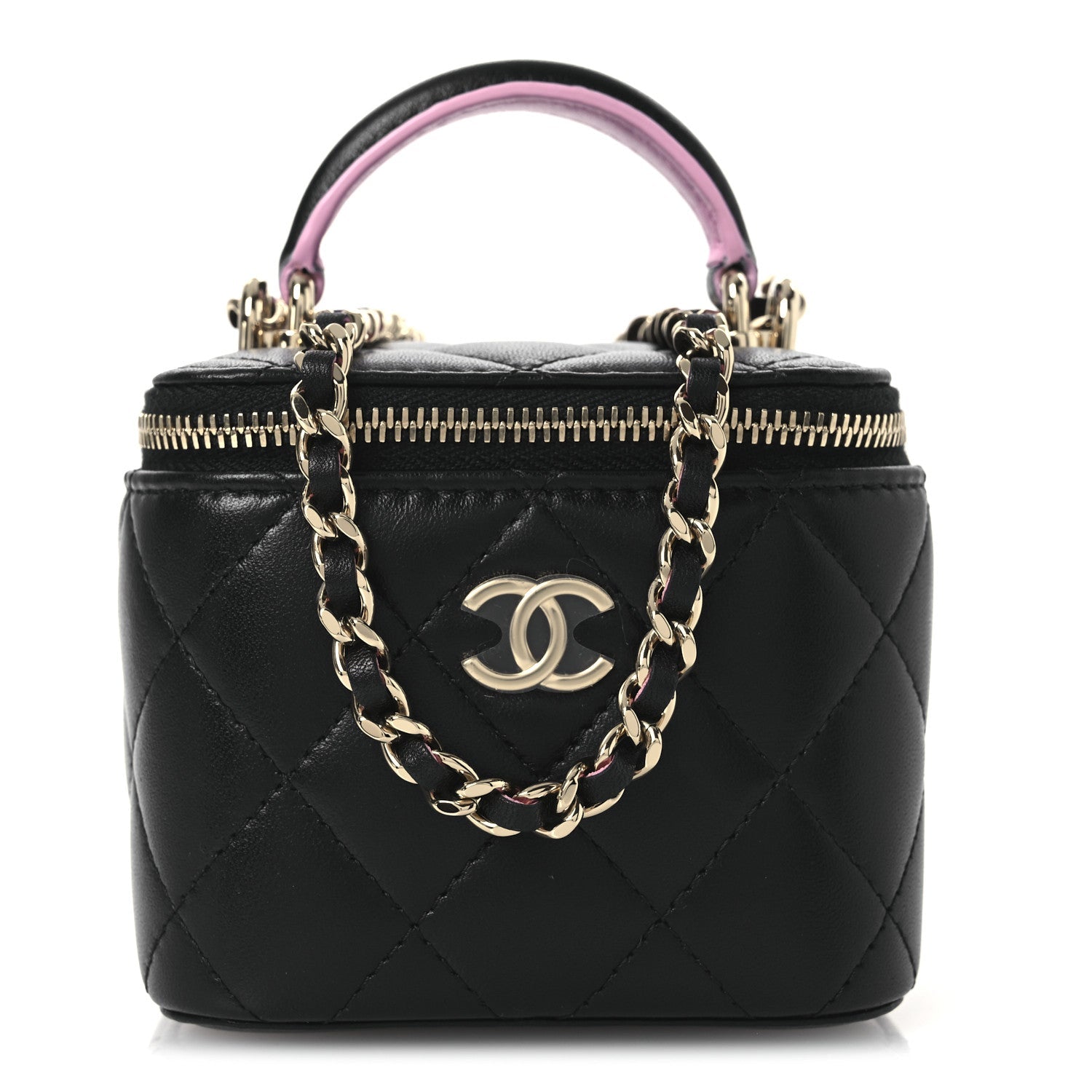 Chanel Lambskin Quilted Top Handle Mini Vanity Case With Chain Black Pink