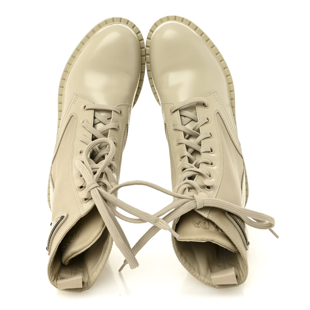 Prada Spazzolato Re-Nylon Metal Triangle Logo Womens 50mm Combat Boots 39 Deserto