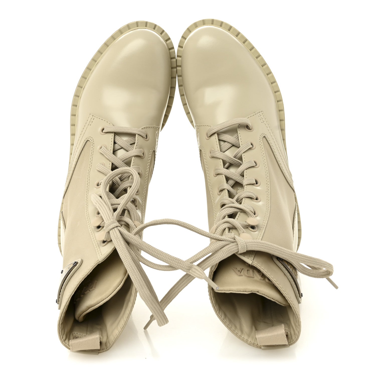 Prada Spazzolato Re-Nylon Metal Triangle Logo Womens 50mm Combat Boots 39 Deserto