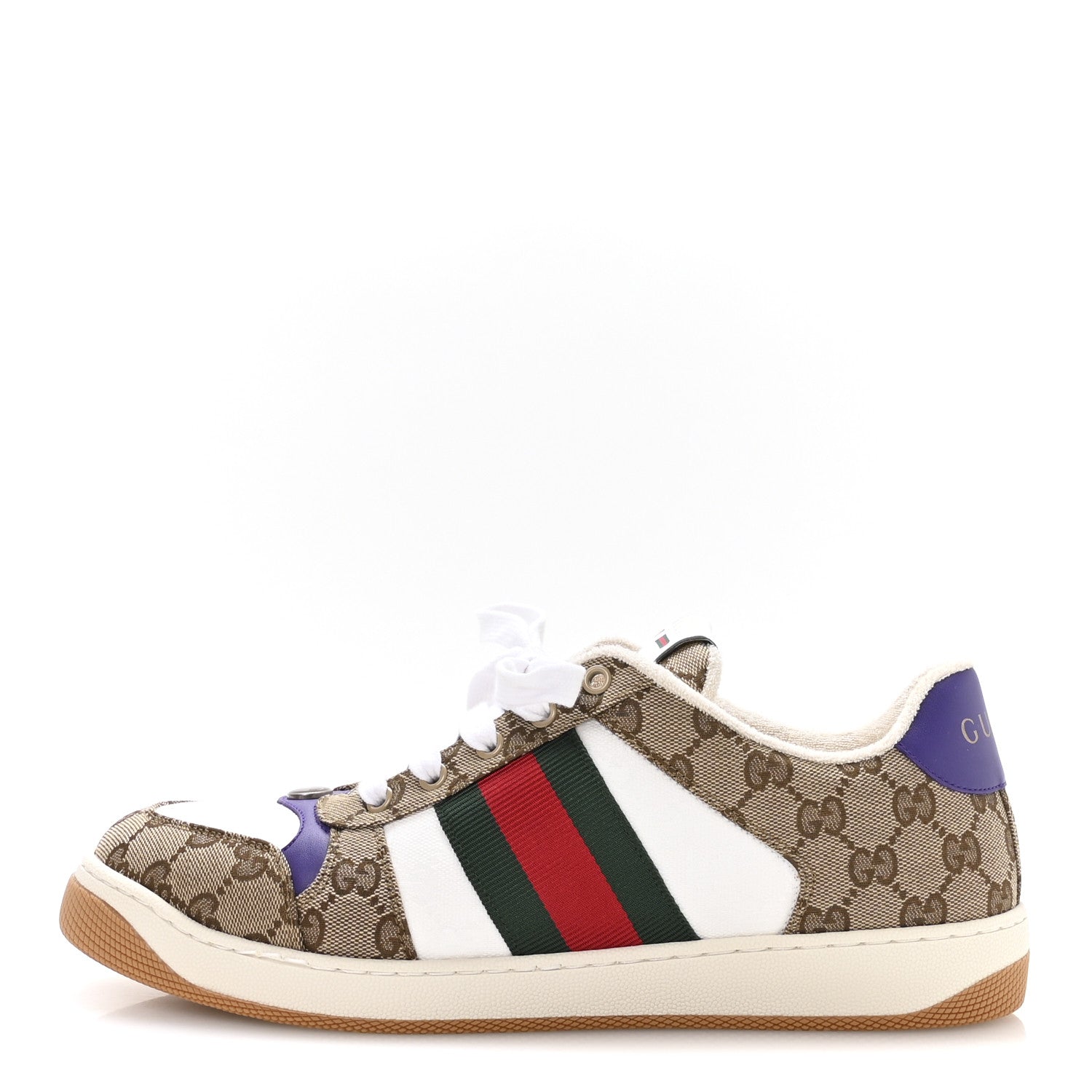 Gucci GG Supereme Monogram Calfskin Web Mens Screener Sneakers 10 Beige Ebony White Shine Purple
