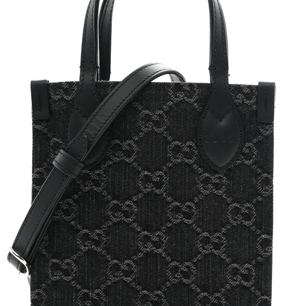 Gucci Denim Cuoio Harness GG Monogram Mini Ophidia Tote Bag Black Medium Grey
