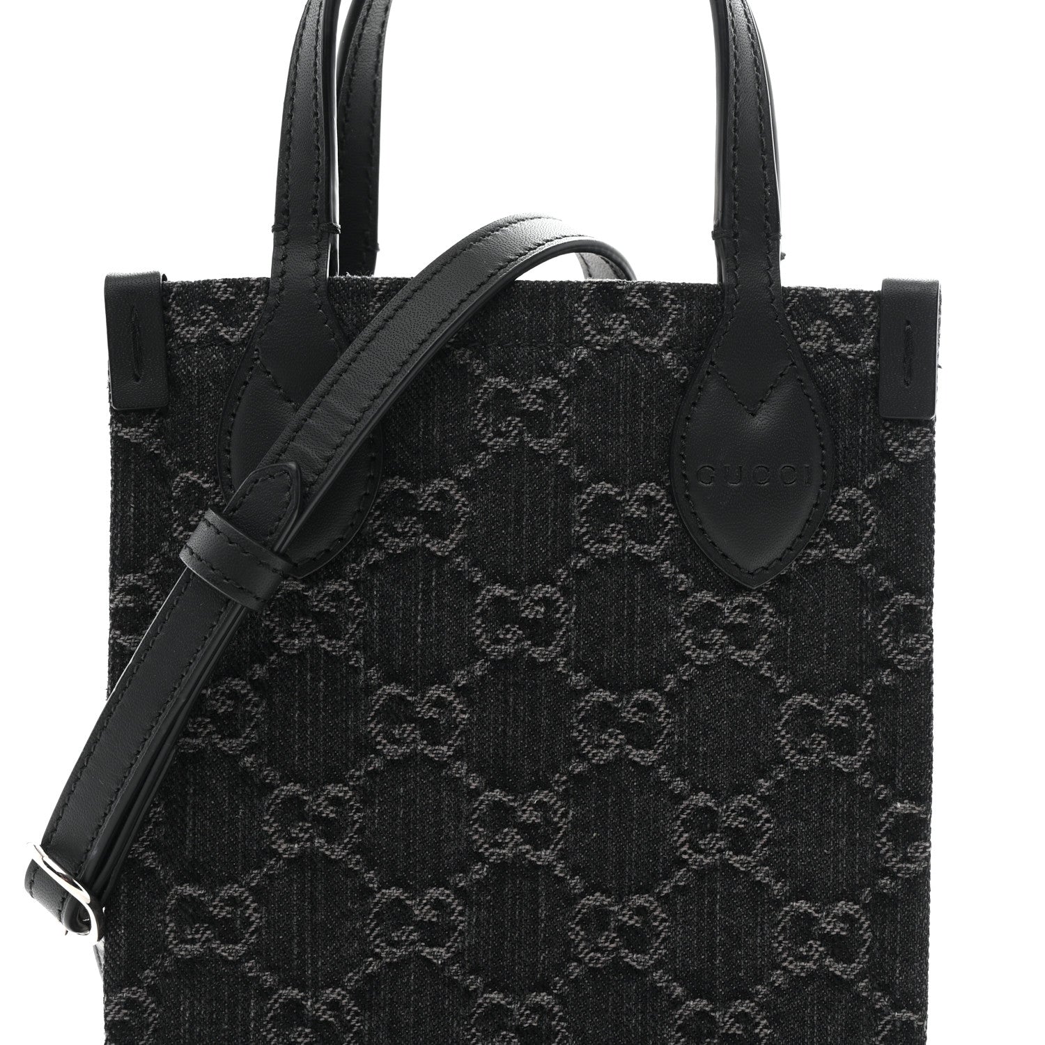Gucci Denim Cuoio Harness GG Monogram Mini Ophidia Tote Bag Black Medium Grey