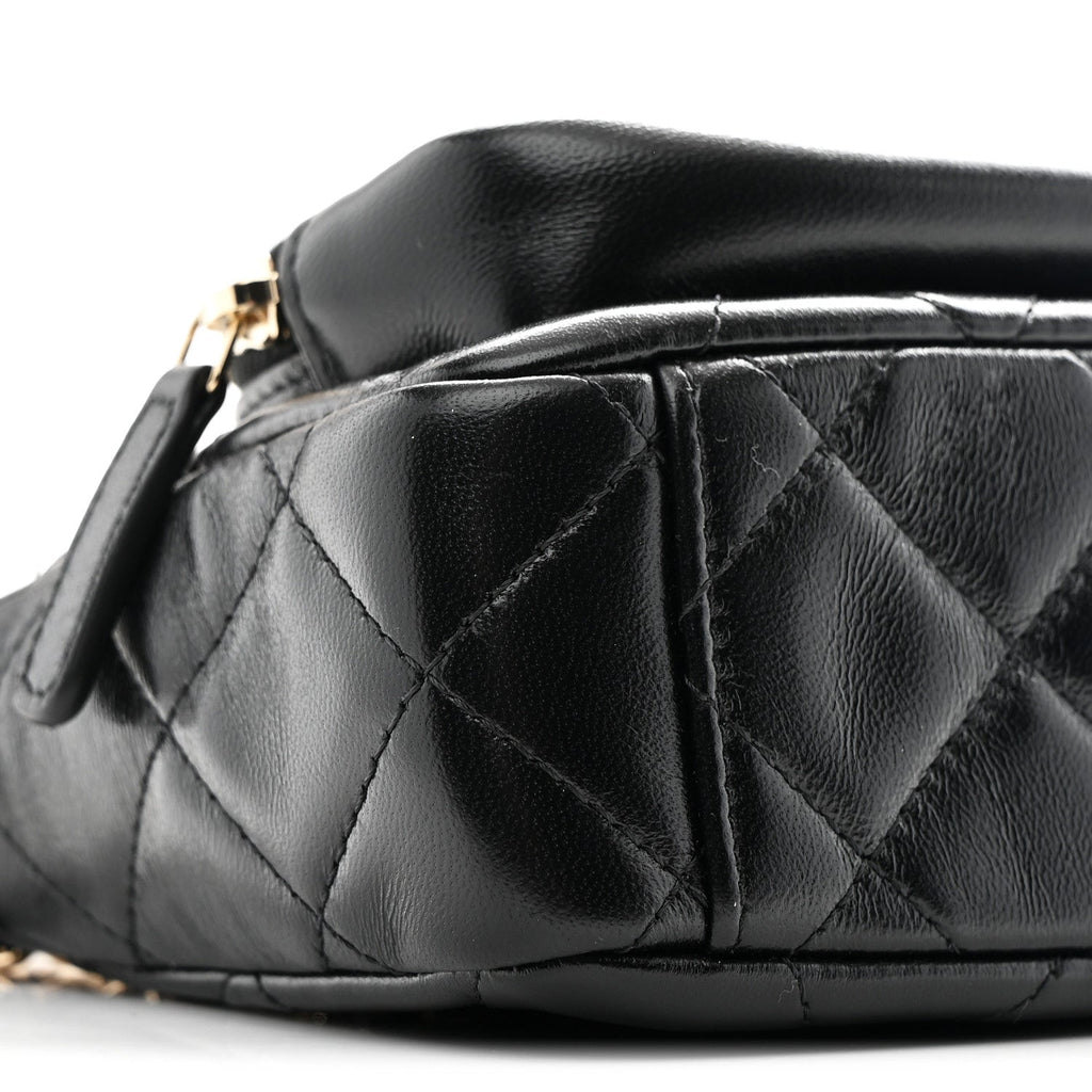 Chanel Shiny Crumpled Lambskin Quilted Mini Clutch With Chain Black