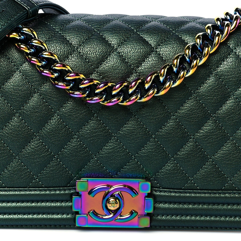Chanel Iridescent Goatskin Quilted Medium Boy Flap Green