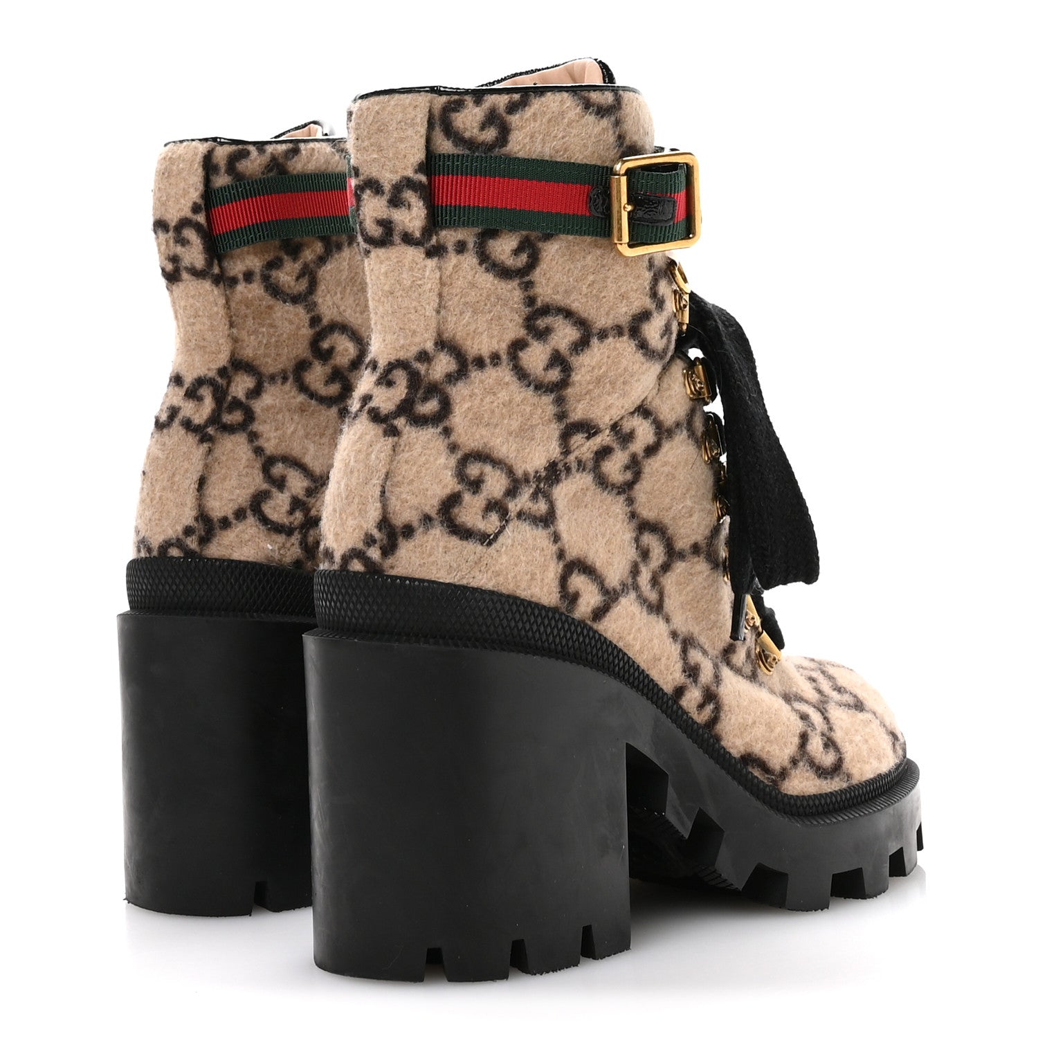 Gucci Covered Wool GG Monogram Womens Lace Up Combat Ankle Boots 35 Beige Ebony Black