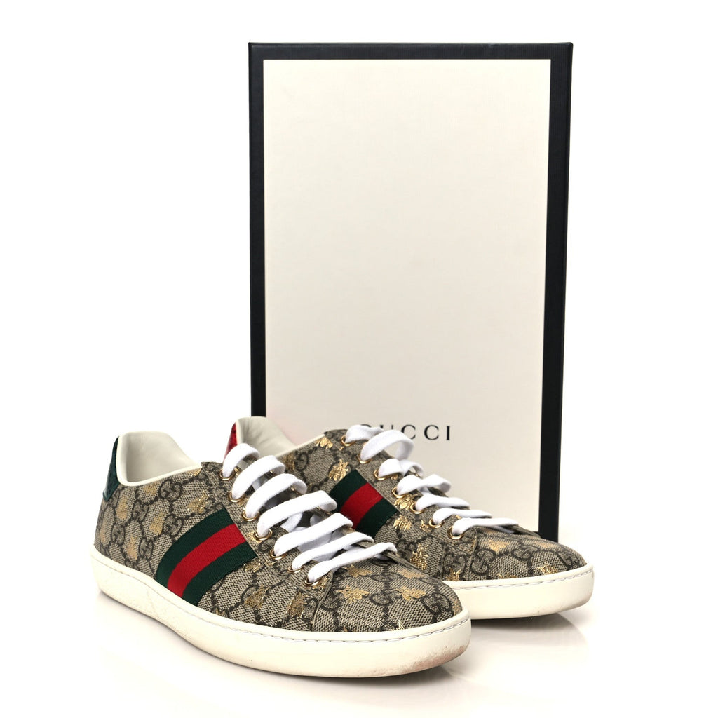 Gucci GG Supreme Monogram Bees Ayers Web Womens Ace Sneakers 37 Beige Oro Green Red