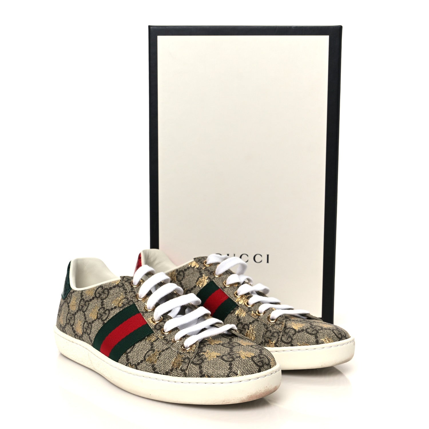 Gucci GG Supreme Monogram Bees Ayers Web Womens Ace Sneakers 37 Beige Oro Green Red