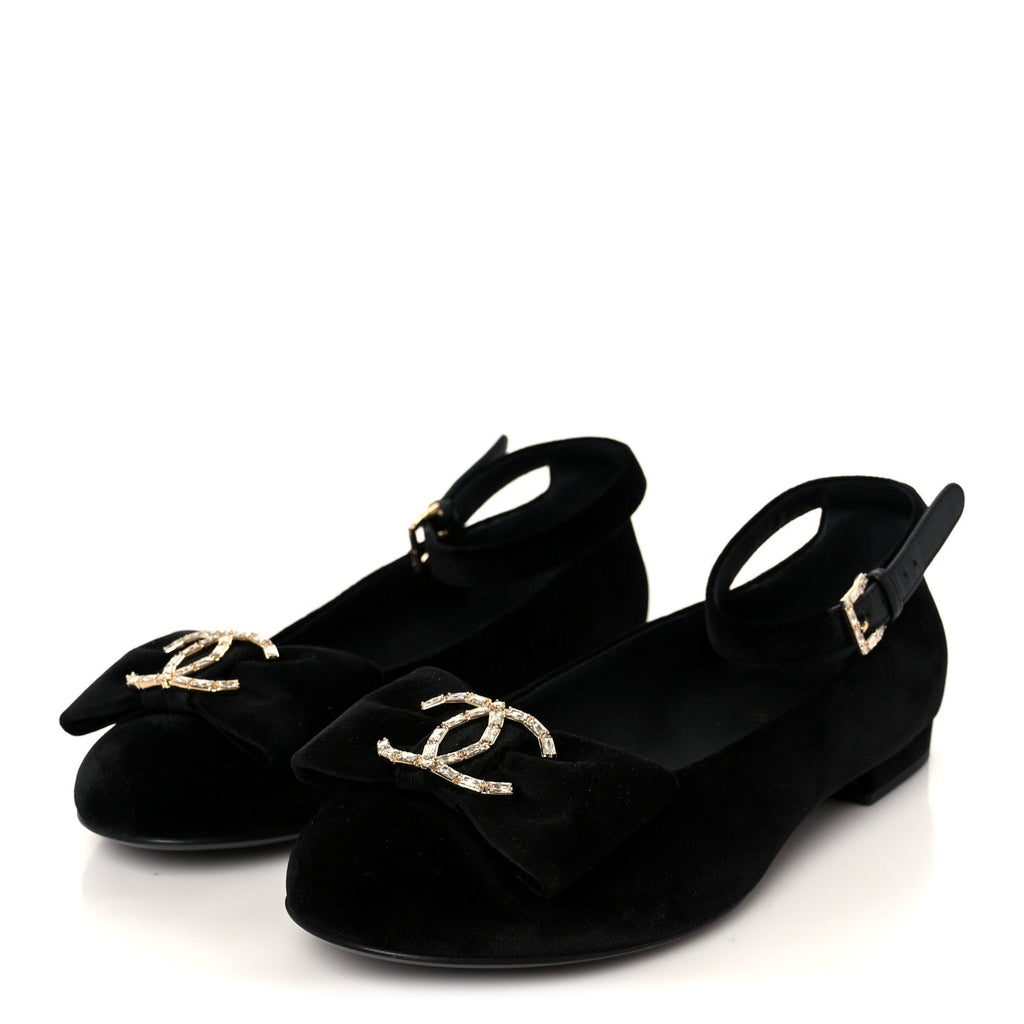 Chanel Velvet Strass CC Bow Mary Jane Flats 38.5 Black