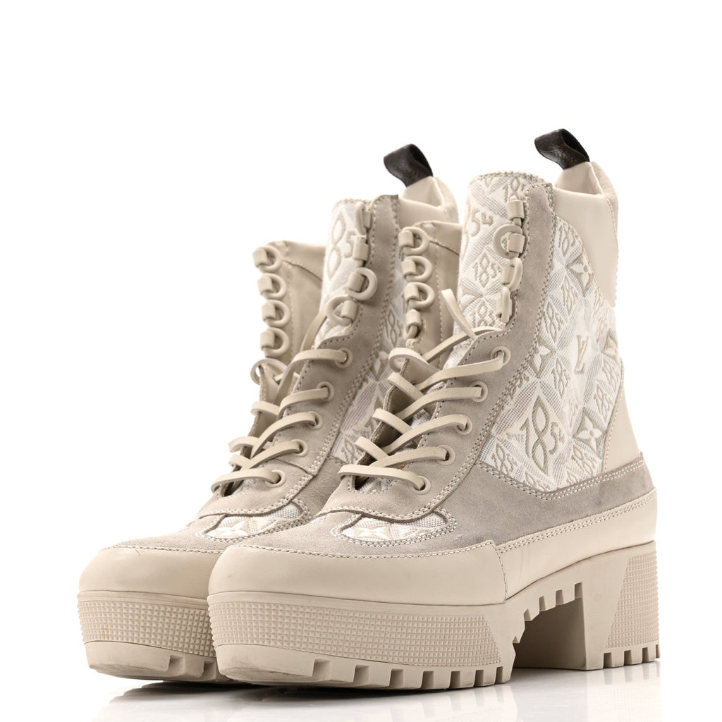 Louis Vuitton Suede Calfskin Jacquard Since 1854 Laureate Platform Desert Boots 37.5 Beige