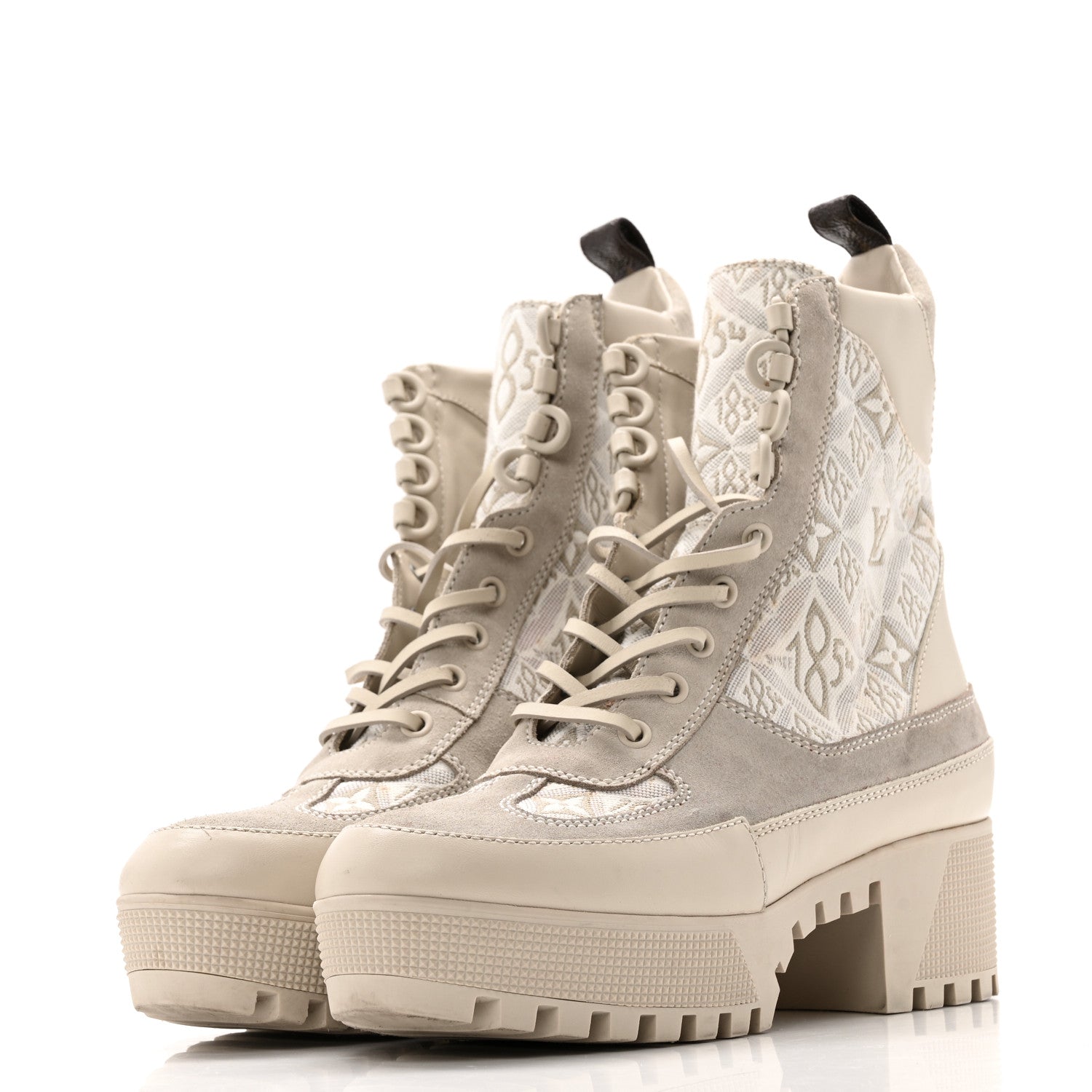 Louis Vuitton Suede Calfskin Jacquard Since 1854 Laureate Platform Desert Boots 37.5 Beige