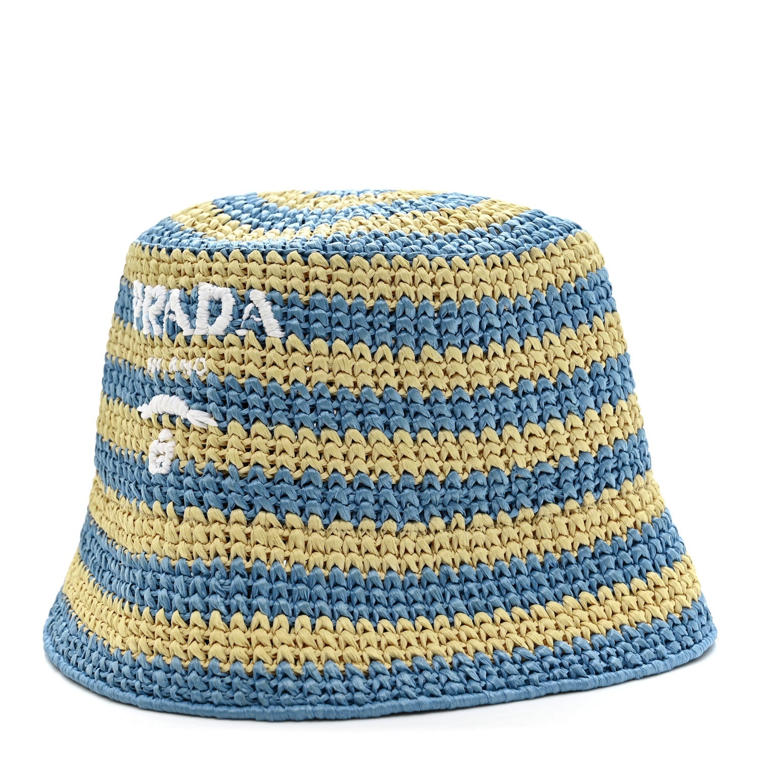 Prada Raffia Striped Logo Embroidered Womens Bucket Hat M Naturale Cielo