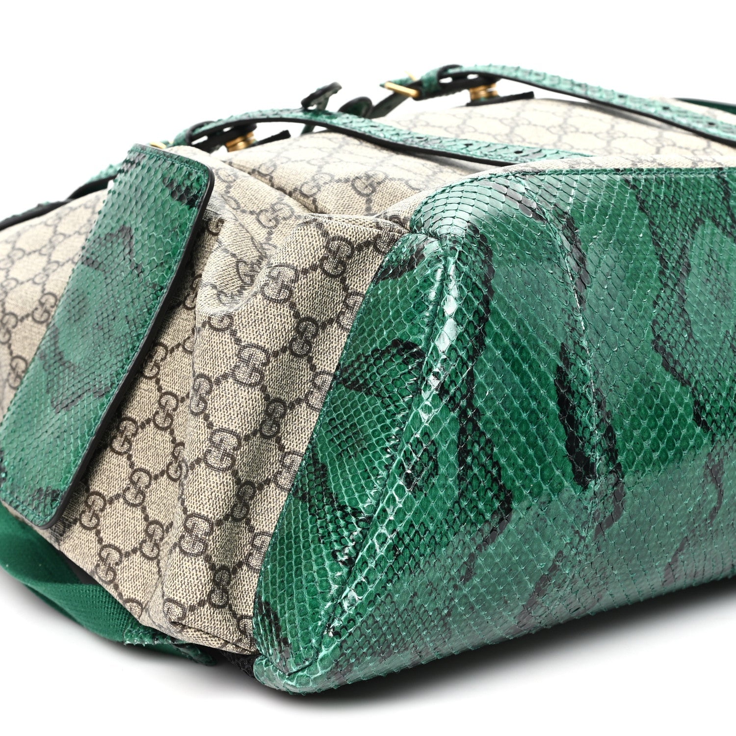 Gucci GG Supreme Monogram Snakeskin Ophidia Double Buckle Backpack Brown Green