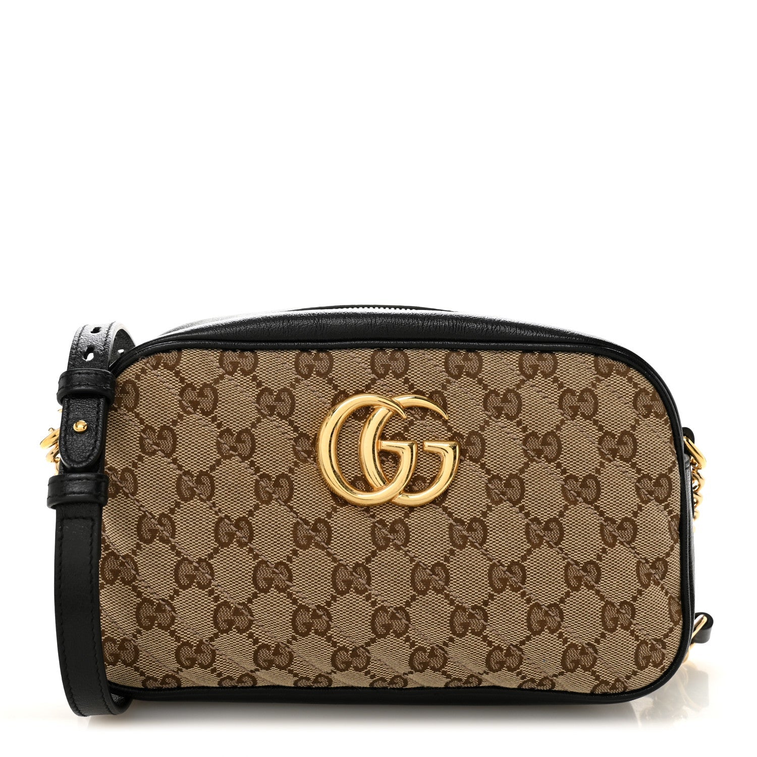 Gucci Monogram Matelasse Diagonal Small GG Marmont Chain Shoulder Bag Beige Black