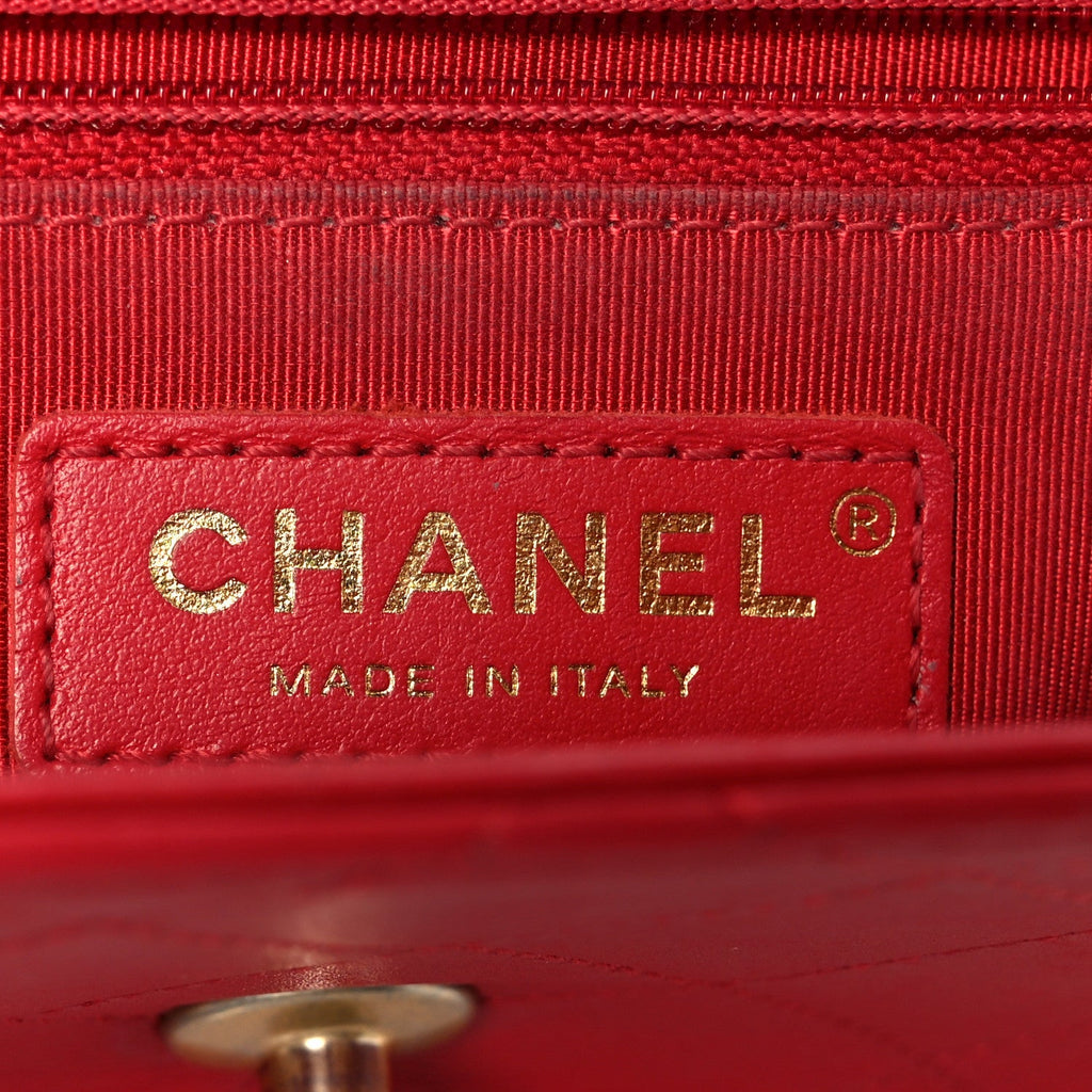 Chanel Lambskin Stitched Pearl Logo Top Handle Flap Red