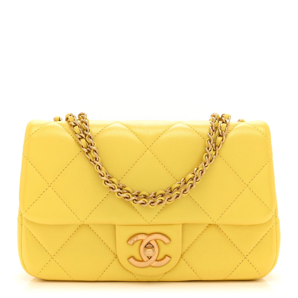 Chanel Iridescent Lambskin Quilted Mini Rectangular Pearl Crush Flap Yellow