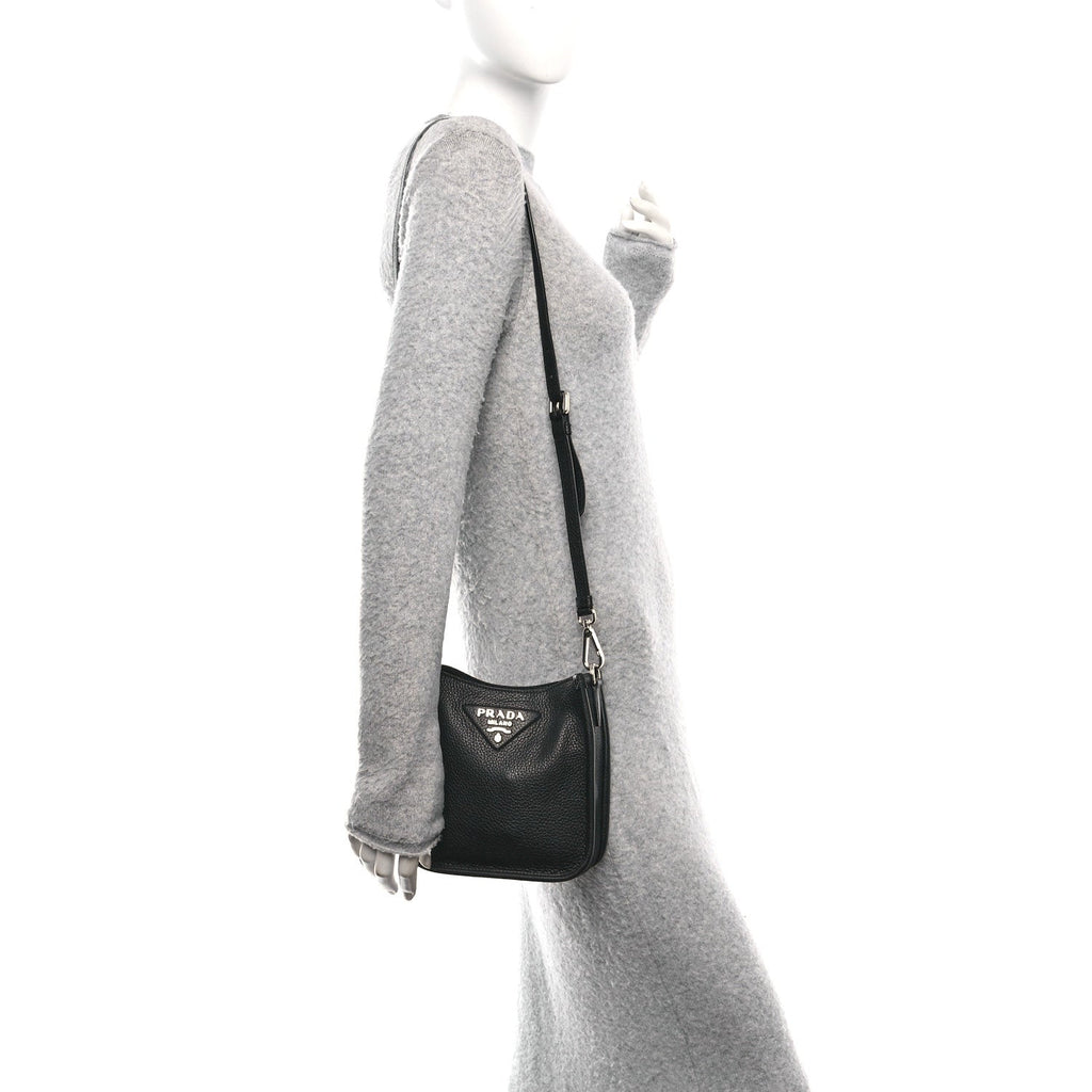 Prada Vitello Daino Soft Mini Hobo Messenger Bag Black