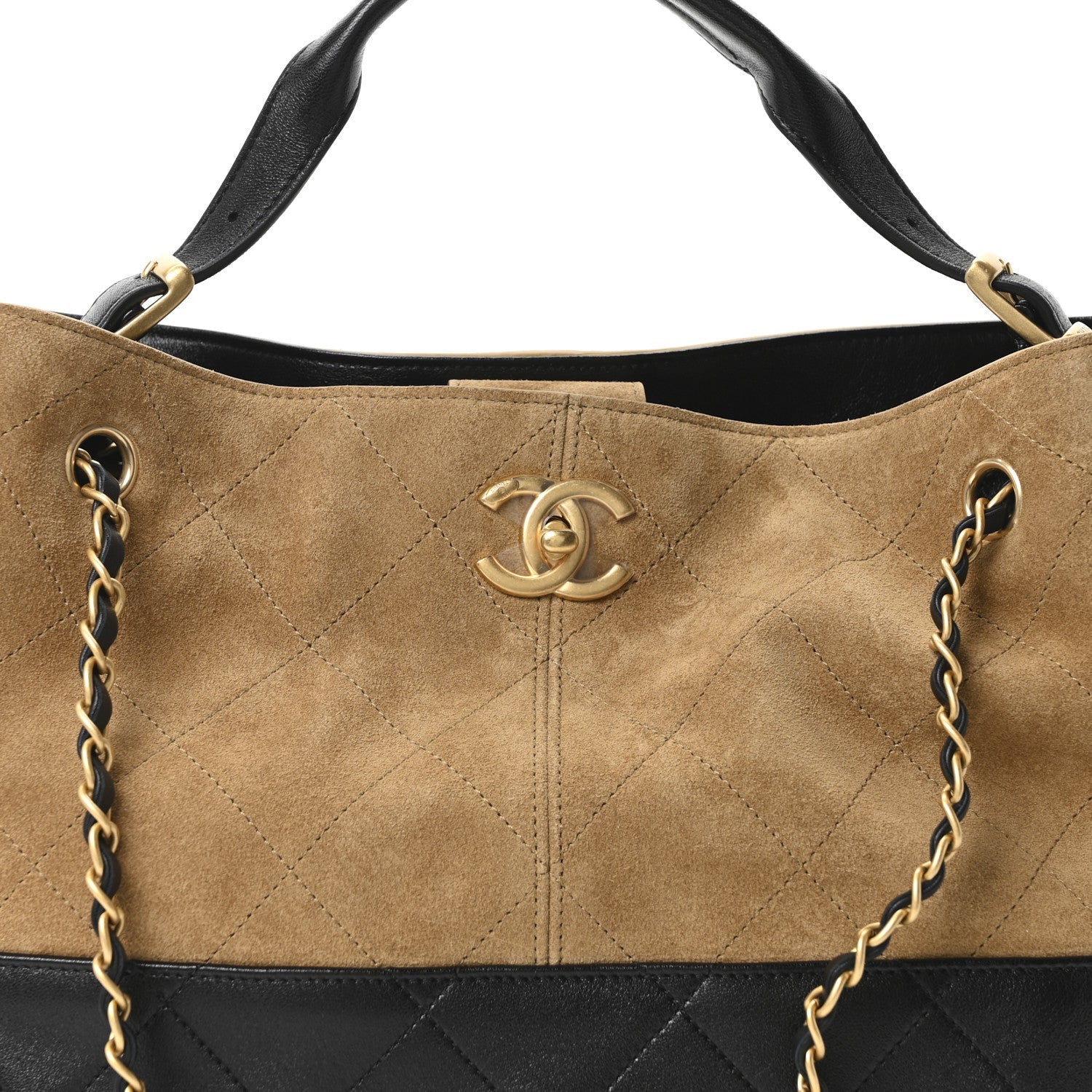 Chanel Suede Calfskin Shiny Lambskin Quilted Small Coco Base Shopping Bag Beige Black