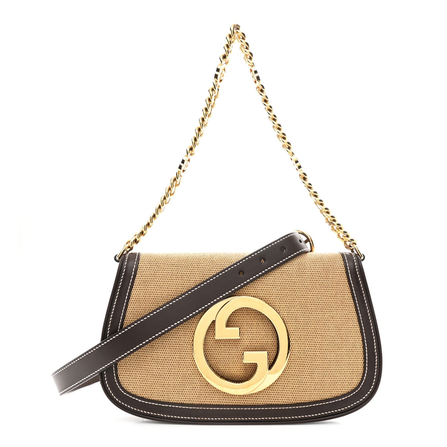 Gucci Canvas Dollar Calfskin Blondie Chain Shoulder Flap Bag Brown