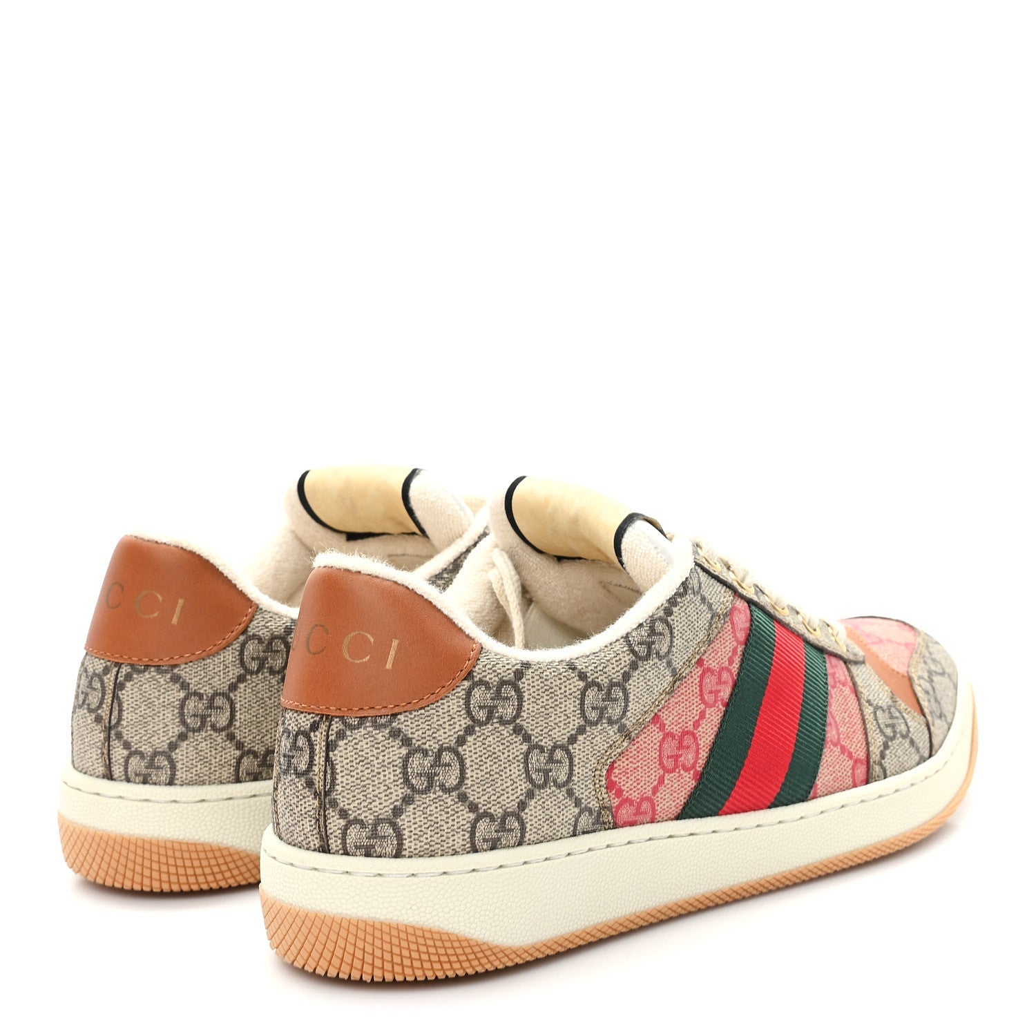 Gucci GG Supreme Monogram Harness Calfskin Web Womens Screener Sneakers 39 Beige Ebony Rosso Harness Brown