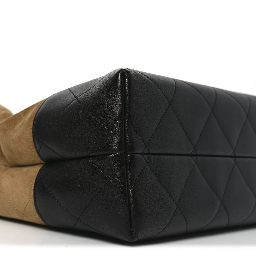 Chanel Suede Calfskin Shiny Lambskin Quilted Small Coco Base Shopping Bag Beige Black