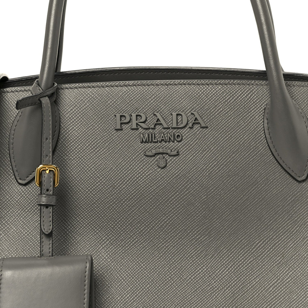 Prada Saffiano Cuir Calfskin Medium Monochrome Top Handle Tote Ardesia