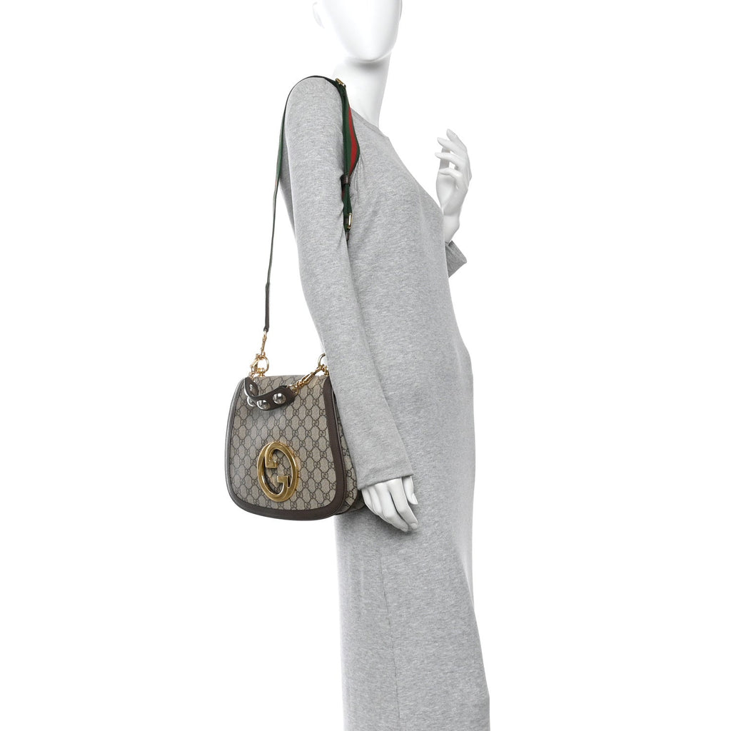 Gucci GG Supreme Monogram Textured Dollar Calfskin Web Medium Blondie Top Handle Shoulder Flap Bag Beige Ebony New Acero