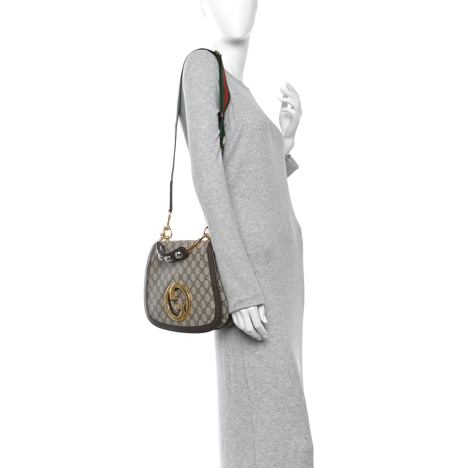 Gucci GG Supreme Monogram Textured Dollar Calfskin Web Medium Blondie Top Handle Shoulder Flap Bag Beige Ebony New Acero