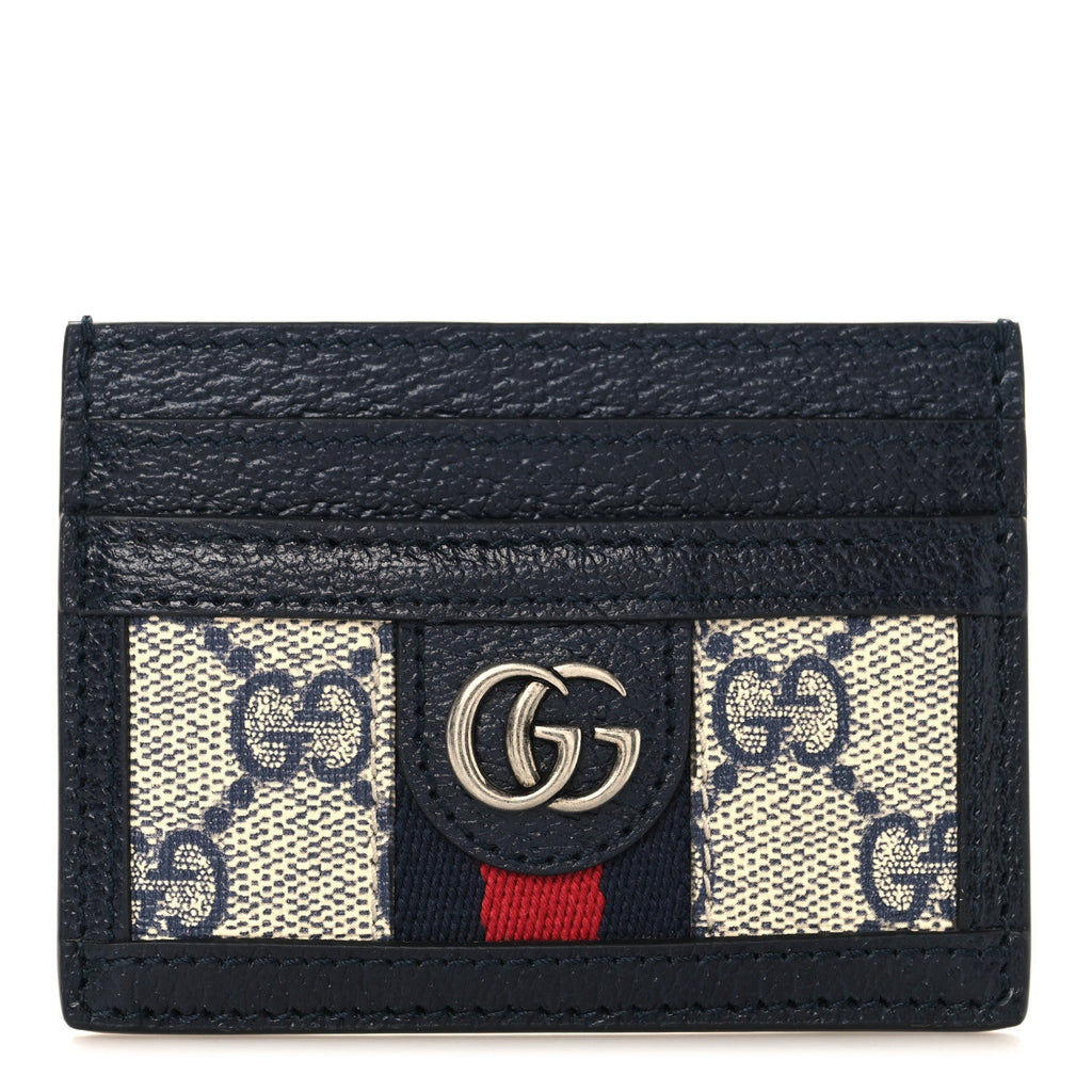 Gucci GG Supreme Monogram Textured Dollar Calfskin Web Ophidia Card Holder Beige Blue